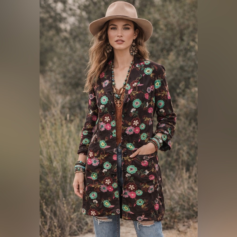 Johnny Was Chocolate Brown Floral Embroidered Blazer